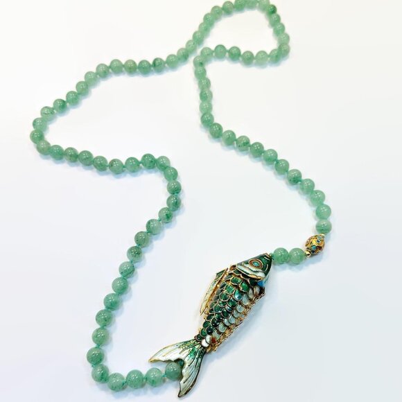Vintage Jade Fish Necklace: Chinese Export, Cloisonné, Articulated Pendant, Big - Picture 5 of 6